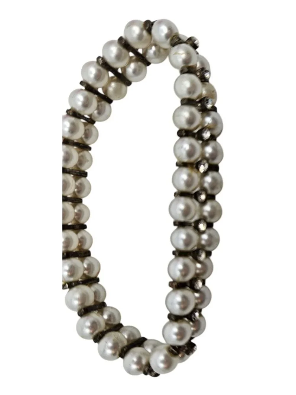 Vintage Faux Pearl & Rhinestone Stretch Bracelet - White, 6¼